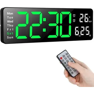Digitale LED Wanduhr 13 Zoll großes Display mit Fernbedienung - Modern Design - Anpassbare Helligkeit - Uhr, Datum, Temperatur - Wohnzimmer, Küche, Büro, Fitnessraum - Schwarz