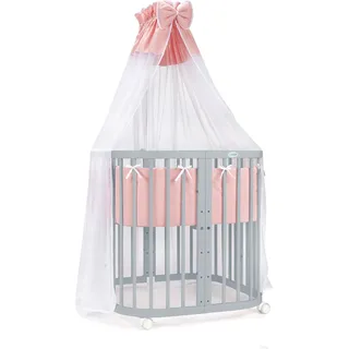 Waldin Babybett Kinderbett 7in1 mit Matratze, mitwachsendes Kinder-Bett,Stoffe lachs,Holz grau - Rosa