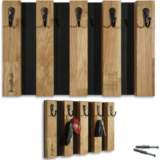 Lamellen Schlüsselbrett Garderobenleiste Holz, Eiche, Hakenleiste, Kleiderhaken, Wandhaken, Edelstahl, Wandgarderobe, Garderobenpaneel, für Flur, Kinderzimmer, Schlafzimmer 30cm - Schwarz, Braun