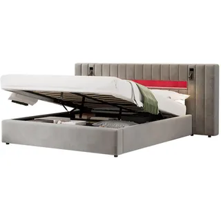 Flieks Polsterbett 180x200cm Grau Samt Mit USB LED & Nachttischlampe , Textil , 180x200 cm , Schlafzimmer, Betten, Polsterbetten