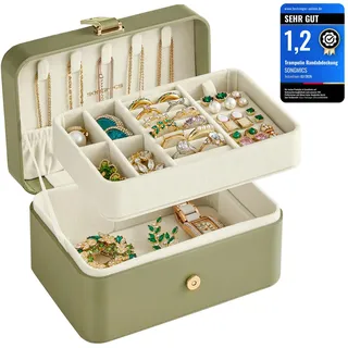 SONGMICS GISELLA Kollektion - Schmuckkästchen Reise mit 2 Ebenen, Schmuckkasten klein, Schmuckaufbewahrung, tragbar, für größere Accessoires, Geschenkidee, 11,6 x 16 x 7,5 cm, salbeigrün JBC166C02
