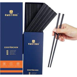 AMOTANG 10 Paar Essstäbchen Set, Wiederverwendbar Sushi Stäbchen aus Fiberglas, Rutschfeste und Spülmaschinenfeste Chinesisches Chopsticks mit Gravur, 24cm - Schwarz Band