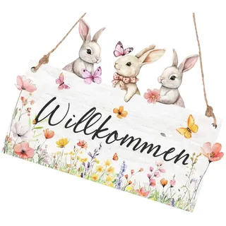 Türkranz Ostern, Beidseitiges Osterkranz Haustür Frühlingsdekor mit Hallo Frühling & Willkommen, Robustes Osterdeko Herzlich Willkommen Schild für Fenster Türen Garten Balkon Terrasse