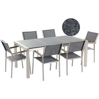 Beliani Gartenmöbel Set Grau Granit Edelstahl Tisch 180 cm Poliert 6 Stühle Terrasse Outdoor Modern - Grau, Silber