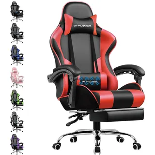 GTPLAYER Bürostuhl Gaming Stuhl Massage Gaming Sessel Ergonomischer Gamer Stuhl mit Fußstütze, Kopfstütze Massage-Lendenkissen, Gepolstert Gaming Chair, Drehsessel ROT