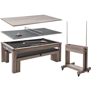 VEVOR 214 cm Billardtisch 3 in 1 für Tischspiele mit Essplatte & Tischtennisplatte, 2 Bänke zur Aufbewahrung und für Zubehör, 137 kg belastbar, inkl. Queue-Ständer & Kreidebürste