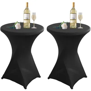2er-Set Schwarz Stehtisch Stehtischhusse, Ø 80-85 cm Rund Stehtischdecken Elastisch Weiß Stretch Tischdecken mit Fußtaschen, für Bar Runde Tische Hochzeiten Geburtstagsfeiern Bankette - 80 x 110 cm