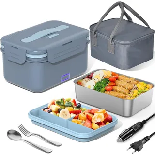 Herrfilk 100W Elektrische Lunchbox Erwachsene, 3-in-1 12/24/220V Thermo Lunch box mit Besteck und Isolierter Lunchbeutel, Auslaufsicherer, 1.8 L Großbehälter, Brotdose mit Fächern für Auto,LKW,Office
