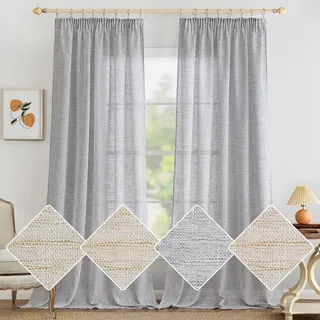 MIULEE Leinen Gardinen Vorhänge mit Kräuselband Wohnzimmer Gardine Vorhang Leinenoptik kräuselband Modern Voile Schienensystem Schlafzimmer 2er Set Weiß Grau 140x260 cm