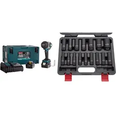 Makita DTW1002RTJ Akku-Schlagschrauber 18 V / 5,0 Ah, 2 Akkus + Ladegerät im MAKPAC & US PRO B1340 Kraft-Schlagschrauber-Nüsse 1/2" 10-32 mm Schlagnuss-Satz, 16 Stück