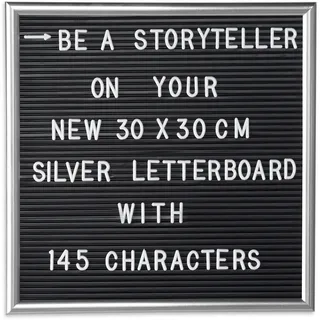 Relaxdays Letterboard, 145 Buchstaben, Zahlen, Sonderzeichen, 30x30 cm, Buchstabentafel zum Stecken, Kunststoff, silber