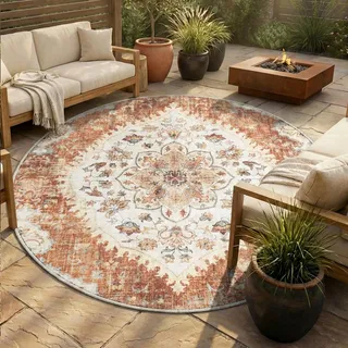 Vintage Gartenteppich Rund - Santo Mandala Terrakotta - Ø 160 cm - Balkon, Garten / Terrasse - FRAAI | Home & Living - Orientalisch - Bronze, Orange