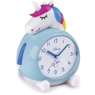 Atlanta Kinderwecker ohne Ticken Einhorn mit Musik Licht Obenabsteller Blau 17 cm - 2163