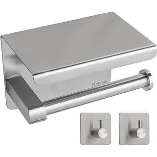 Dolvhin Klopapierhalter ohne Bohren inkl. 2 Handtuchhaken | Toilettenpapierhalter mit Ablage | Klorollenhalter selbstklebend Edelstahl | Wc Papier Halterung Badezimmer | Silber gebürstet