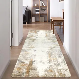 Famibay Teppich Läufer 80X200cm Beige Braun Teppichläufer Flur rutschfest Waschbar Küchenläufer Abstrakt Modern Küchenteppich Läufer für Eingang Flur Küche Schlafzimmer Wohnzimmer