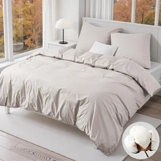 Duvetnova Bettwäsche 155x220 Baumwolle Beige Leinen,Beige Bettwäsche 1 Bettbezug 155x220 Baumwolle + 1 Kissenbezug 80x80 cm,ÖKO-TEX Bettwäsche-Sets 100% Baumwolle mit Reißverschluss