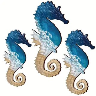 Ltstor Seepferdchen Wanddekoration 3-teiliges Set, hölzernes Strandmuster Seepferdchen Dekoration, passend für Küstenvilla Zäune, Badezimmer Strand Themen, Innen- und Außenwand Dekoration