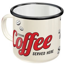 Bild Retro Emaille-Tasse, 360 ml, Strong Coffee Served Here – Geschenk-Idee für Diner-Fans, Camping-Becher, Vintage Design mit Spruch