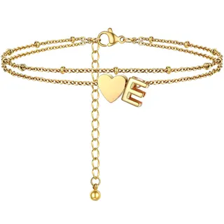 PROSTEEL Fußkettchen für damen, Buchstabe E Fußkette 22cm, Gold Herz Fußkettchen für Frauen