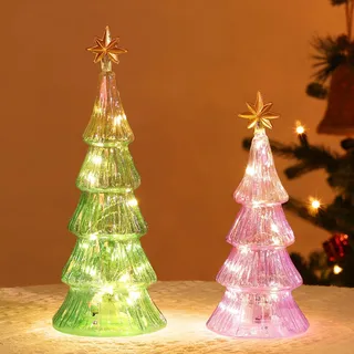 Lewondr Glas-Weihnachtsbaum 2 Pcs, Tischplatte Quecksilber kleine Baum mit Lichtern, Built-in Batterien Betrieben Weihnachten Nachtlicht Dekor für Tisch Kamin Centerpiece Party Ornament, Grün & Lila