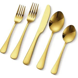 VEVOR 60 tlg. Besteckset in Gold aus lebensmittelechtem Edelstahl, hochglanzpoliertes Essbesteck-Set, spülmaschinenfestes Essgeschirr, Service für 12 Personen, inkl. Messer Gabel Löffel - Gold