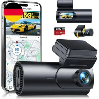 gku 4K Dashcam Auto Vorne Hinten, 5GHz WiFi GPS, Dual Dash Cam, 1.5” IPS Mini Auto Kamera mit 64GB SD Karte, Parküberwachung, Super Nachtsicht, WDR, 170° Weitwinkel, G-Sensor, APP Steuerung, Max 256GB