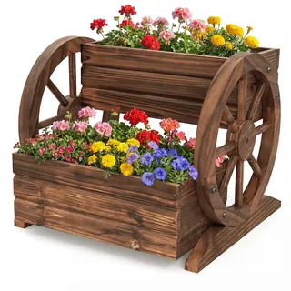 COSTWAY Blumenkasten mit Wagenrad, Hochbeet Holz, Pflanzkübel mit 2 Etagen & Ablauflöchern, Blumenbeet Gartenbeet, rustikal, Deko für Terrasse Balkon Garten, Braun (46 x 44 x 35 cm)