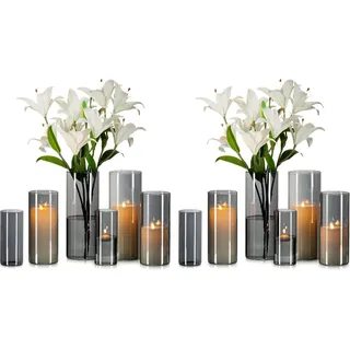 Glasseam Grau Glasvase Zylinder Vase Rund: 12er Moderne Glasvasen Set für Wohnzimmer Tischdeko - Anthrazit Große Vasen Glas Tulpen Rose Zylindervasen Windlicht für Stumpenkerzen (15/20/25cm)