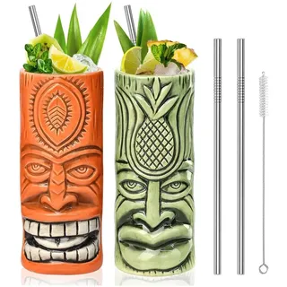 SuproBarware Tiki Mugs Set Hawaiian Party Ceramic Cocktail Mugs Set of 2 Cups for Exotic Party