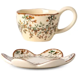 Keramik Kaffeetassen& Untertassen Set 280ml Tassen Set, Gelb Trompetenblume | Vintage-Design, Porzellan mit Blumenmuster, Cappuccino Tassen Set, Espressotasse Set Teeservice Geschenk Becher Set