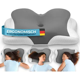 Glückstoff® Ergonomisches Kissen [Innovationspreis für Ergonomie nominiert] Kopfkissen aus Memory Foam | Ergonomisches Nackenkissen Nackenrolle Seitenschläferkissen Grau