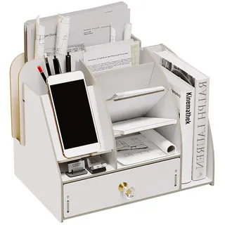 NUODWELL Upgrade Schreibtisch-Organizer aus Holz mit Handy-Dockingstation, Schreibtisch-Aufbewahrungs-Organizer mit Schublade und Bücherregal, Stifthalter, Aufbewahrungsbox, Schreibtischzubehör (B20-1
