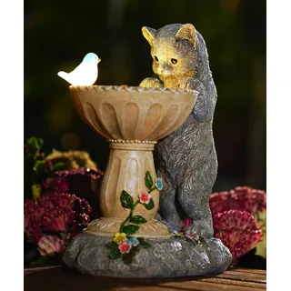Goodeco Solar-Katzenstatue, Ornament mit Vogeltränke, wasserdichte Harz-Skulptur mit Solar-Vogellichtern, Gartenkatze, Geschenke für Frauen/Mutter/Oma, Dekoration – Grau