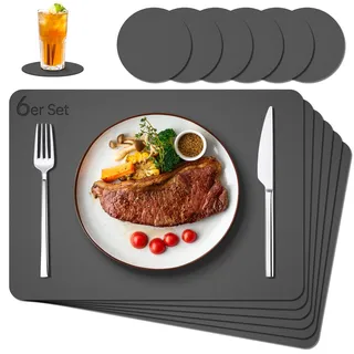IKWOLETI Tischsets Abwaschbar mit Untersetzer - 6er Set Platzsets Abwaschbar aus Kunstleder - Doppelseitige Platzdeckchen in Lederoptik - Ideal für Küche und Büro Dunkelgrau
