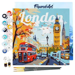 Figured'Art Mini Malen Nach Zahlen Erwachsene Mit Rahmen 20x20cm Kleines Format - Reiseplakat London - Paint by Numbers Basteln DIY Bastelset Leinwand gespannt auf Holzrahmen