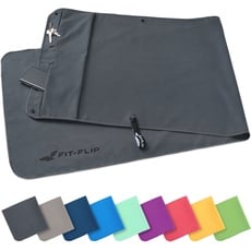Fit-Flip Fitness Handtuch - mit Magnet und Reißverschluss Tasche - Gym Handtuch aus Mikrofaser für Sport und Fitness - Kompakt & Schnelltrocknend - Sporthandtuch Fitnessstudio - Dunkelgrau - 130x48cm