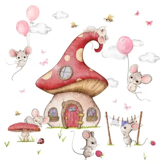 Little Deco Wandsticker Wandtattoo Kinderzimmer Mädchen Mäuse mit Ballons Wandaufkleber Wandbild Mädchenzimmer Pilz Haus Rosa Bienen Wanddeko Schmetterlinge DL740-4