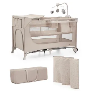 Kinderkraft Joy 2 Acc Kinderbett, 3 in 1 Kinderreisebett, Babybetten, Kinderbett, Reisebett, Modernes Design, Kleine Abmessungen nach Zusammenklappe, Praktisches Zubehör, Räder, Beige