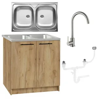 Stamar | Küchenschrank, Eiche Gold 80 cm, Spüle, 2 Becken, Hochdruckarmatur Chrom, Siphon - Silber, Weiß