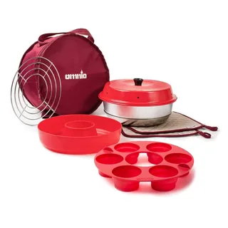 OMNIA Ofen Kit mit Zubehör - Set mit Campingofen, Silikonform, Aufbackgitter, Tasche und Topflappen, Beige & Muffins Silikonbackform für Campingbackofen Muffinbackform Kuchenform