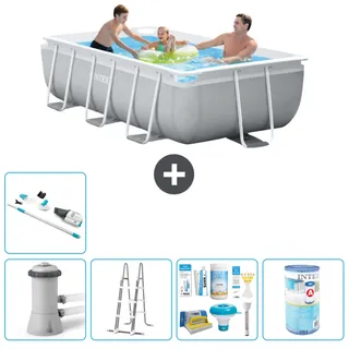 Intex Rechteckiges Prisma-Rahmen-Schwimmbecken – 300 x 175 x 80 cm – Grau – inklusive Pumpe – Leiter Wartungspaket - Filter - Staubsauger - Grau