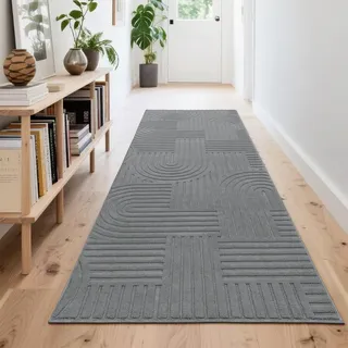 Enyhom Grau Läufer Teppich 80x240 cm, Küchenläufer rutschfest Waschbarer Teppichläufer Flur Modern Flurteppich für Eingang Schlafzimmer Wohnzimmer
