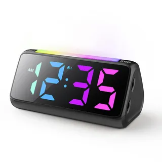 Wecker Digital, Digitaler Wecker Kinder mit Licht, Bunter LED Anzeige, 0-100% Helligkeitsdimmer, 2 Alarme, Snooze, 3 Lautstärke, USB Ladeanschluss, Kinderwecker für Schlafzimmer, Netzstrombetrieb