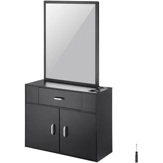 Vevor Salon-Aufbewahrungsschrank, Wandmontage Friseursalon-Station für Friseure, Friseurstation-Set, mit 3 Fächern, einem Spiegel, einem Doppeltürschrank und einer Schublade, Schwarz, 75 x 30 x 140 cm