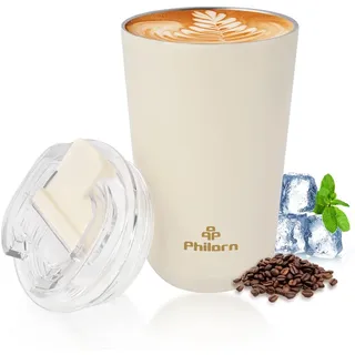 Philorn Thermobecher Kaffee to go Becher - 13oz/380ml Kaffeebecher to go mit Deckel, Auslaufsicher Coffee to-go Becher Thermo aus Edelstahl, Wiederverwendbar Kaffee Thermobecher, Weiß