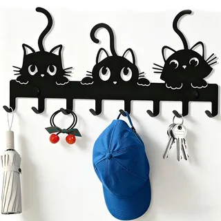 Tarqite Schlüsselbrett mit 8 Haken, Modern Metall Schlüsselhalter Katzenform, Schwarz Schlüsselleiste, Katze Schlüsselaufhänger Wanddeko für Küche Schlafzimmer Wohnzimmer Badezimmer Eingänge