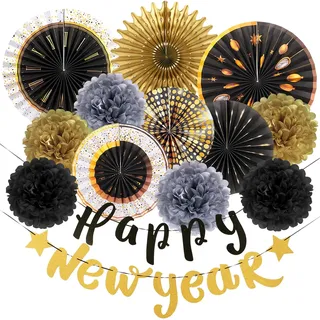 Sunbeauty Silvester Deko 2026 Neujahr Silvesterdeko Happy New Year Girlande Tischdeko Silvester Gold Schwarzes Papier Fächer Seidenpapier Pom Poms Dekoration Silvesterpartydeko Accessoire