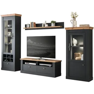 IMV Wohnwand "Ribera" in grau und Wotan Eiche Landhaus Wohnzimmer, Set 300x200 cm, Soft-Close - Dunkelgrau, Naturbelassen