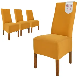 Scheffler Home Stuhlhussen Emma Senfgelb 4er Set aus Jersey Baumwolle – Elastische Stuhlbezüge für Hochlehner und Polsterstühle, waschbar und formstabil, Oeko-TEX Zertifiziert