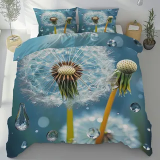 Kntnshac Pusteblume Bettwäsche 135x200, Tautropfen Wassertropfen Microfaser Bettwäsche-Set, Natürlicher Pastoralstil Wendebettwäsche mit Reißverschluss,Enthält 1 Bettbezug und 2 Kissenbezug 80x80 cm